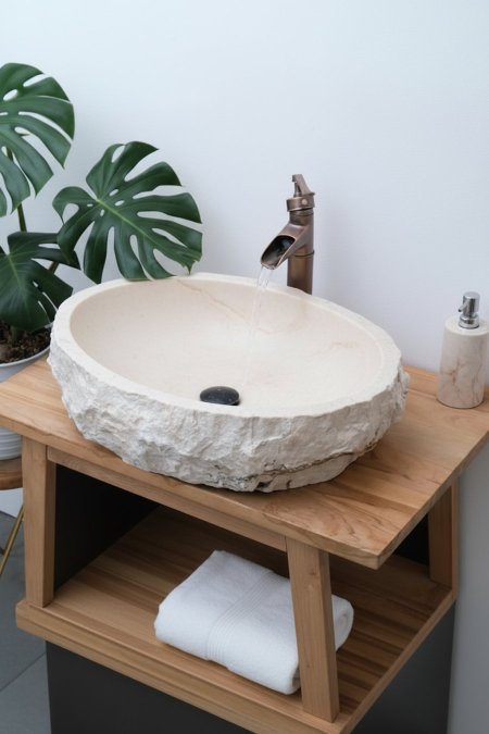 🤍 حوض مغسلة حجر طبيعي بلون بيج فاتح